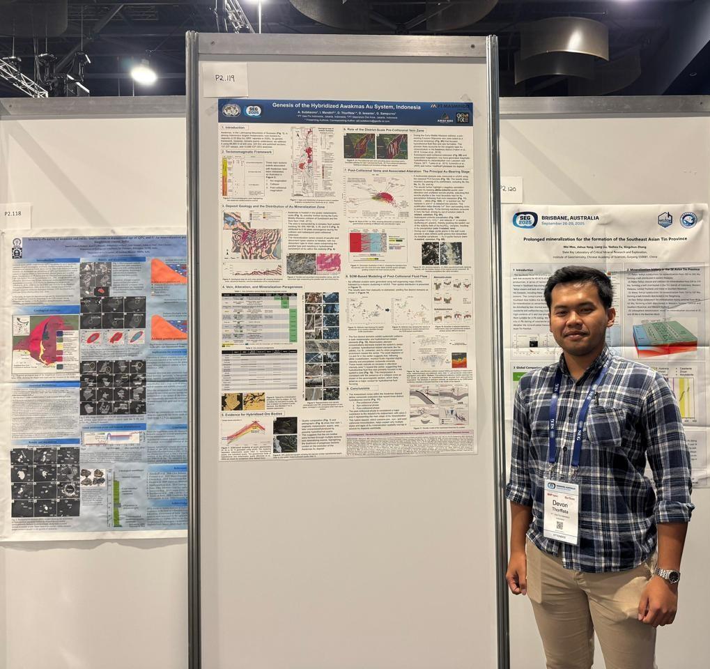 Brisbane, Australia – At the 2025 Society of Economic Geologists (SEG) Conference, Devon S. Thorffata, our geologist, presented new findings on the complex evolution of the Awakmas gold deposit in Sulawesi, Indonesia. His poster, titled “Genesis of the Hybridized Awakmas Au System, Indonesia,” attracted attention for its detailed reconstruction of multiple mineralizing phases contributing to the deposit’s gold endowment. The study identifies three distinct hydrothermal phases preserved within the Awakmas ore system: pre-collisional, syn-collisional, and post-collisional mineralization. Among these, the post-collisional phase was interpreted as the dominant contributor to gold enrichment. By recognizing that metal input occurred repeatedly under changing tectonic conditions, the research positions Awakmas as a hybrid deposit rather than the product of a single mineralizing event. This interpretation challenges conventional genetic classifications and encourages a more dynamic view of deposit evolution. The implications of this model extend beyond Indonesia. Similar hybridization processes may explain the coexistence of multiple gold styles and ages documented in several deposits worldwide, where mineralization histories are often more complex than previously assumed.