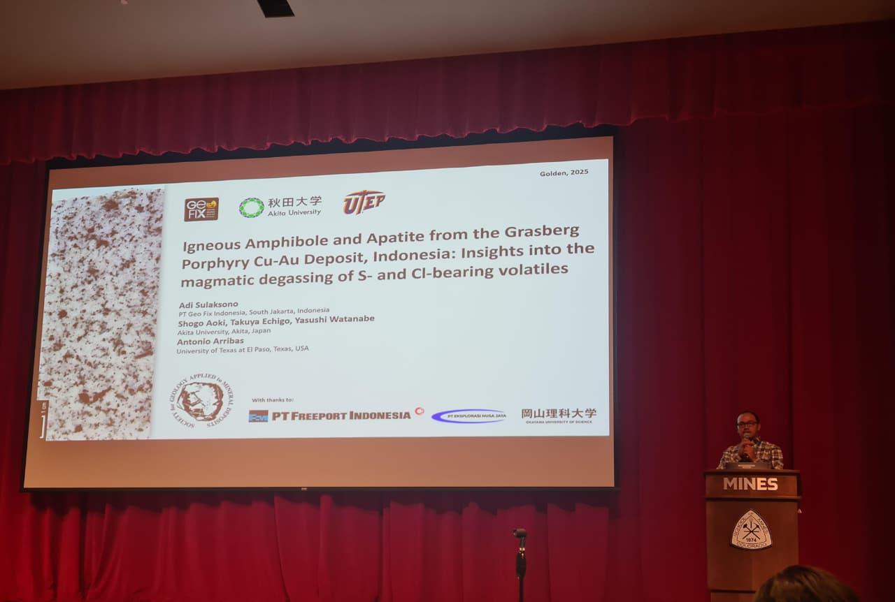 Golden, Colorado – Our geologist Adi Sulaksono took the stage at the prestigious Society for Geology Applied to Mineral Deposits (SGA) Meeting 2025, hosted at The Colorado School of Mines, to present new insights into the magmatic evolution of one of the world’s largest copper-gold deposits: the Grasberg Porphyry Cu-Au Deposit in Papua, Indonesia. His presentation, titled “Igneous Amphibole and Apatite from the Grasberg Porphyry Cu-Au Deposit, Indonesia: Insights into the Magmatic Degassing of Volatiles,” showcased how mineral chemistry can be used to reconstruct volatile behavior and redox evolution within ore-forming magmatic systems. Using EPMA and LA-ICP-MS, he analyzed amphibole and apatite minerals to decipher how chlorine (Cl) and sulfur (S)-bearing fluids separated from magmas during crystallization. Most notably, his results suggest that the mixing of magmas with distinct oxidation states could have generated a large amount of SO2 required to form porphyry deposit. This research provides new constraints on volatile evolution and redox-controlled fluid release in porphyry systems, key processes that govern metal transport and ore deposition. The findings not only enhance understanding of Grasberg’s unique mineralization history but also offer broader implications for exploration models in oxidized arc settings worldwide.